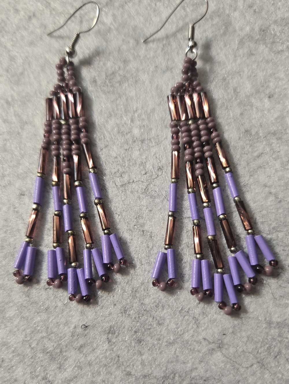 Beaded Fringe Drop Earrings in Purple and Lavender 2.50"